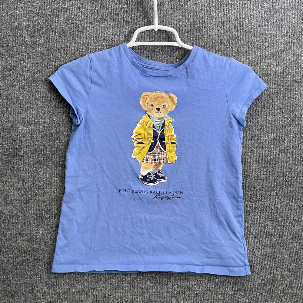 Polo Ralph Lauren T-Shirt Girls Sz M 8-10 Yellow Raincoat Bear Short Sleeve